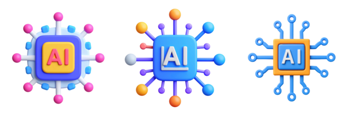 Three Dimensional Plastic Style Artificial Intelligence Icons Depicting Circuit Board Designs with AI Text on Transparent Background