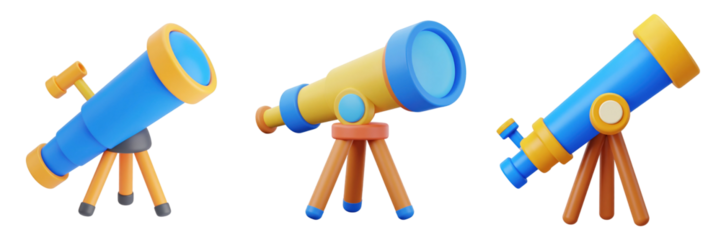 3D Plastic Style Telescopes Set Against Transparent Background Depicting Astronomical Observation Instruments in Blue Yellow and Orange Hues on Wooden Tripods