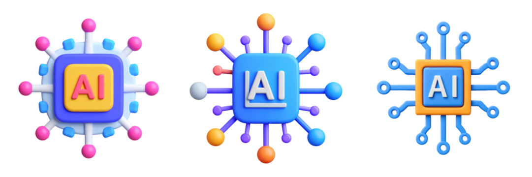 Three Dimensional Plastic Style Artificial Intelligence Icons Depicting Circuit Board Designs with AI Text on Transparent Background