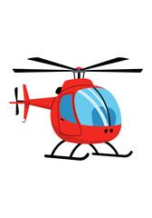 Fototapeta premium Red helicopter flying in the sky with spinning blades and landing skids