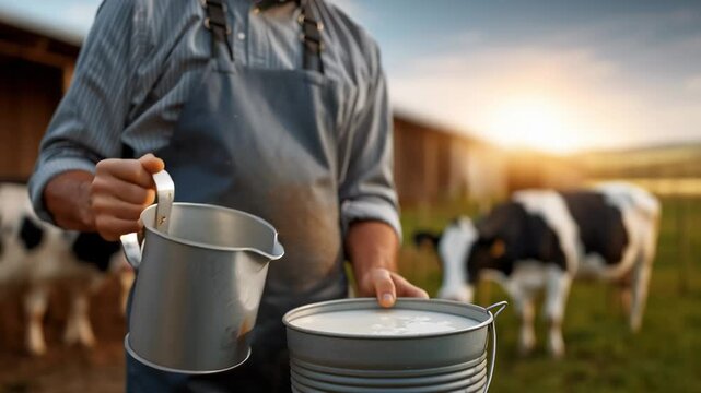 Close-up of farmer pouring fresh milk from jug into metal bucket with cows blurred in background, symbolizing dairy farming, organic food, rural agriculture, and nutrition industry.