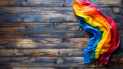 Rainbow LGBT flag on black wooden background, top view. Space for text