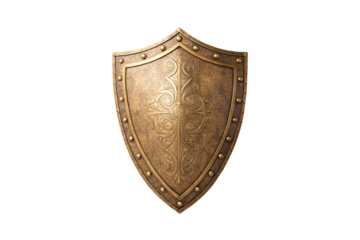 Ornate bronze medieval shield with decorative swirls and studs around border, isolated on a transparent background