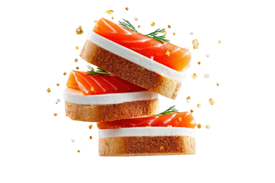 Open faced salmon canapé with cream cheese and herbs on toasted bread slices