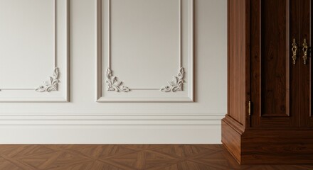 Elegant interior detail featuring off-white paneled walls with ornate corner accents, a rich brown wooden cabinet with brass hardware, and a geometric parquet floor
