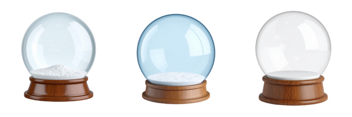 3D Plastic Style Snow Globes On Transparent Background With Wooden Bases Displaying Different States Of Filling