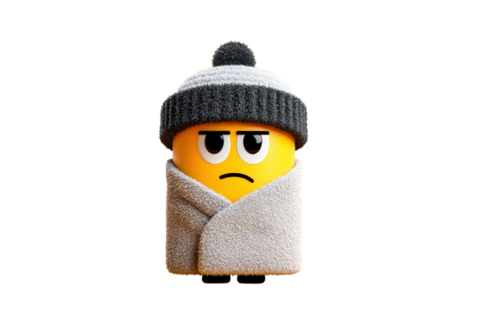 Sad Emoji Character Wrapped in Towel Wearing Warm Hat on Transparent Background