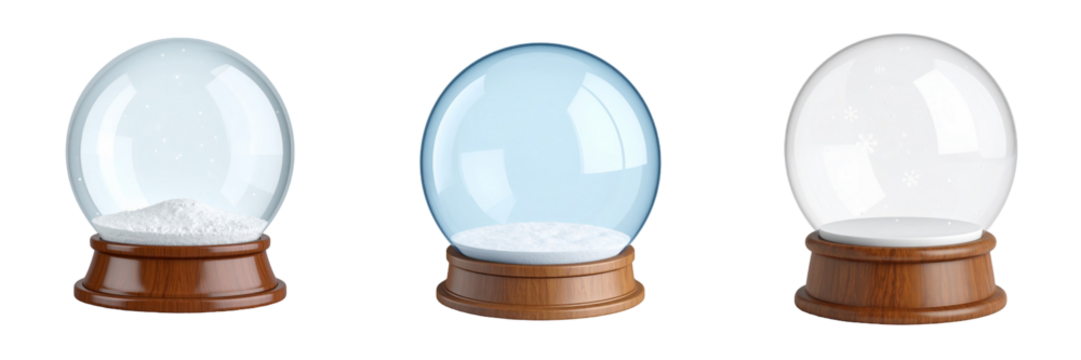 3D Plastic Style Snow Globes On Transparent Background With Wooden Bases Displaying Different States Of Filling