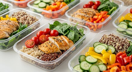 Prepared Food Containers with Quinoa, Chicken, and Colorful Vegetables