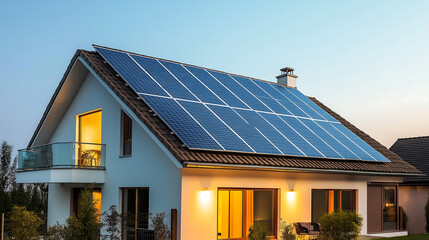 Fototapeta premium Solar panel installation on house roof for renewable energy generation