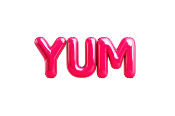 Pink Balloon Letters YUM on Transparent Background for Celebration or Food Theme