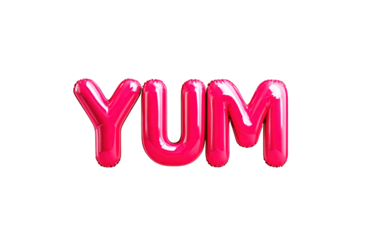 Pink Balloon Letters YUM on Transparent Background for Celebration or Food Theme