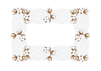 Decorative vintage frame with blooming cotton flowers.