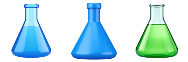 Three Dimensional Plastic Style Flasks Filled With Blue Green Liquids Against Transparent Background for Experimentation