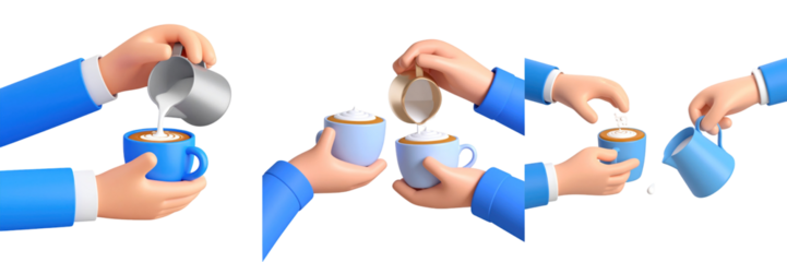 Hands in Blue Sleeves Steaming Milk into a Blue Mug Creating a Latte with Creamy Beige Foam