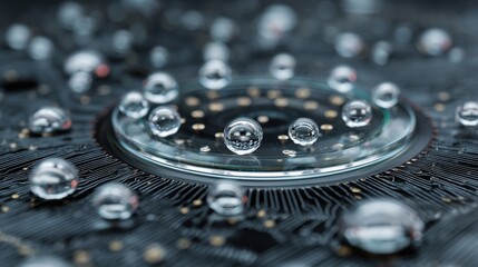 World Water Monitoring Day. Macro shot of water droplets being tested on a modern digital sensor, symbol of water monitoring technology, futuristic yet realistic style