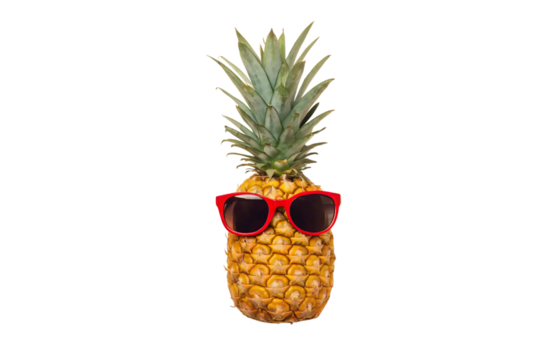 Trendy pineapple sporting red sunglasses with detailed golden skin texture and natural green leafy top, isolated on a transparent background