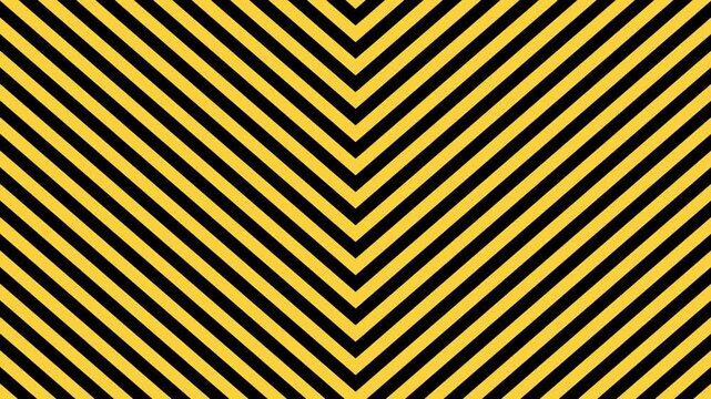Abstract yellow and black striped background with dynamic diagonal chevron pattern. The bold optical illusion effect creates a sense of motion and energy, suitable for design projects, digital art, mu