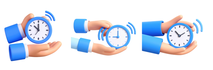 Animated Hands Holding Clock In Blue Sleeves Against Transparent Background Illustrating Time Concept