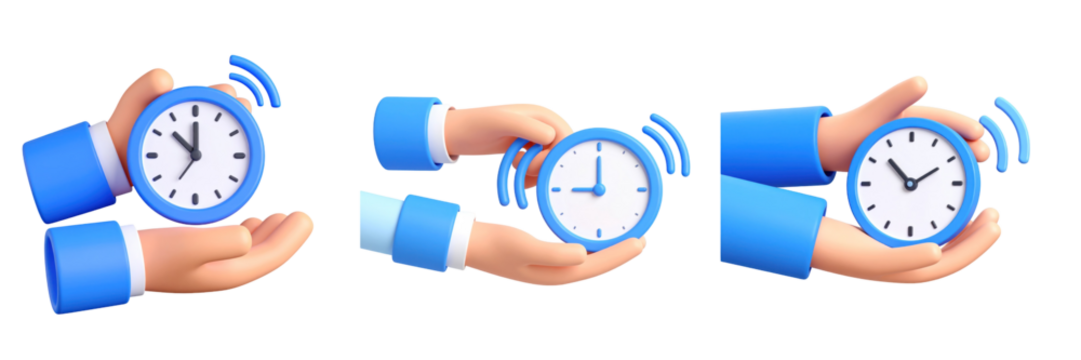 Animated Hands Holding Clock In Blue Sleeves Against Transparent Background Illustrating Time Concept