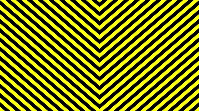 Abstract yellow and black striped background with dynamic diagonal chevron pattern. The bold optical illusion effect creates a sense of motion and energy, suitable for design projects, digital art, mu