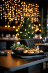 Festive Dining Table with Delicious Dishes and Twinkling Lights