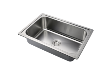 Stainless steel kitchen sink, rectangular single basin, undermount style, sleek modern design with centered drain opening, isolated on a transparent background