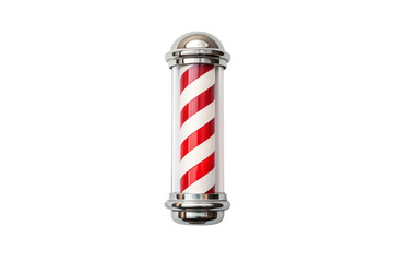 Classic barber pole design, red white diagonal stripes, chrome end caps, traditional barbershop symbol, cylindrical shape, isolated on a transparent background