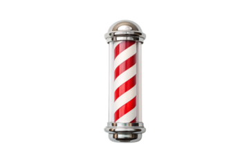 Classic barber pole design, red white diagonal stripes, chrome end caps, traditional barbershop symbol, cylindrical shape, isolated on a transparent background