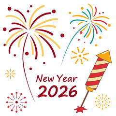Obraz premium Vector art of festive new year 2026 celebration with colorful fireworks and rocket for holiday cheer