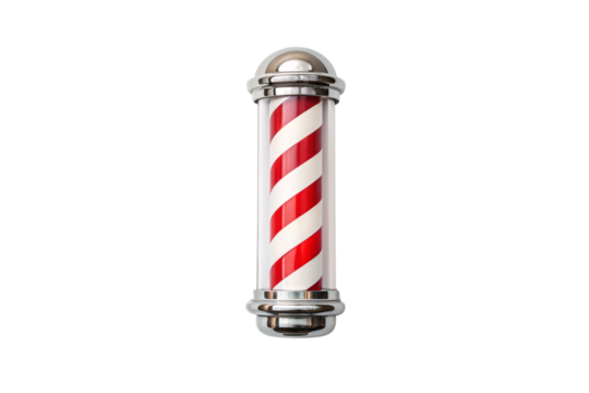 Classic barber pole design, red white diagonal stripes, chrome end caps, traditional barbershop symbol, cylindrical shape, isolated on a transparent background