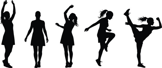 Silhouettes of people, standing, arm raised, dynamic movement, high kick, vector art, sports, fitness, exercise, balance, posture, active lifestyle