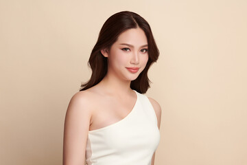 Obraz premium A beautiful young Asian woman with clean, fresh skin against a beige background. Skincare, facial treatment, cosmetology, beauty, and spa. An elegant portrait of an Asian woman.