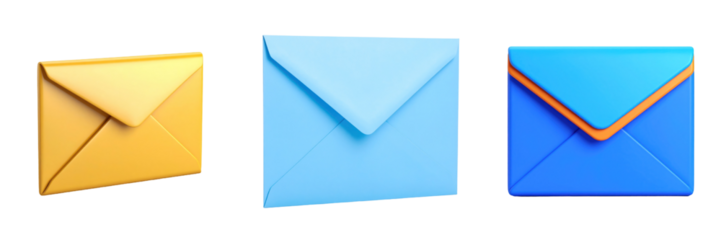 3D Plastic Style Icons Of Email Envelopes In Yellow Blue And Teal Colors Against A Transparent Background