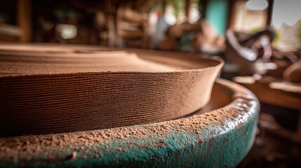 Close up of pottery clay on wheel in artisan workshop setting