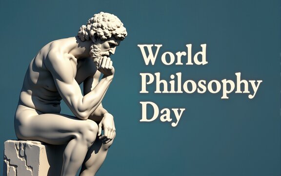 World Philosophy Day banner with statue of thinker in deep contemplation, ideal for education, events, and philosophical reflections or celebrations. High quality