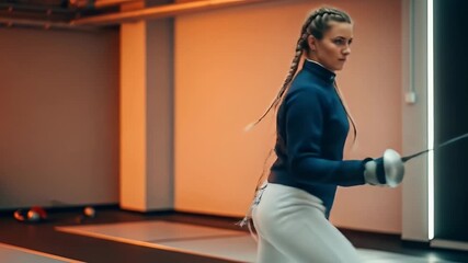 Focused Female Athlete Fencing in Indoor Gym with Warm Lighting - Powered by Adobe