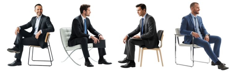 Collection of young businessmen sitting on chair isolated on white or transparent background