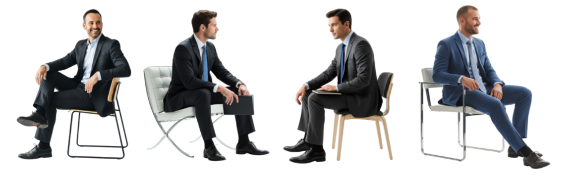 Collection of young businessmen sitting on chair isolated on white or transparent background