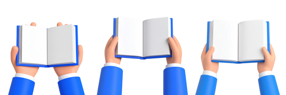Hands Holding Open Book With White Pages Against Transparent Background Demonstrating Reading or Learning Concept With Blue Sleeves and Details - Powered by Adobe