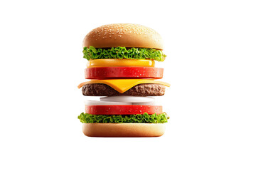 Stacked Cheeseburger with Lettuce Tomato Cheese and Onion on Sesame Bun on Transparent Background
