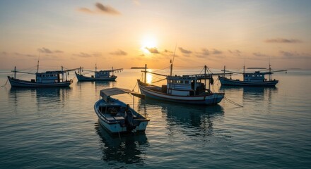 Fototapeta premium Colorful fishing boats at sunrise on calm water