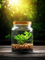 Lush Green Plant in Glass Jar Surrounded by Natural Light