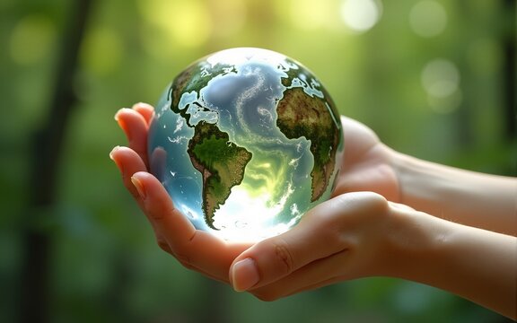 hands holding  Globe Glass earth globe  earth day World environment day concept, Forest  green background, Global Responsibility: Ecology and Conservation, Sustainability and Environmental Protection
