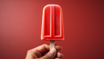 hand holding a popsicle the popsicle is red in color and has a smooth texture it is on a wooden stick and appears to be freshly made