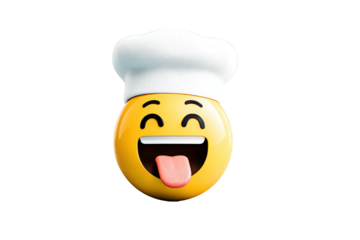 Laughing Emoji with Chef Hat Bright Yellow Smiling Face with Tongue Out on Transparent Background