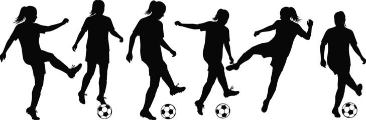 Soccer player silhouettes, football action poses vector set, kicking dribbling controlling ball, dynamic sport illustration, athletic movement, team game icons
