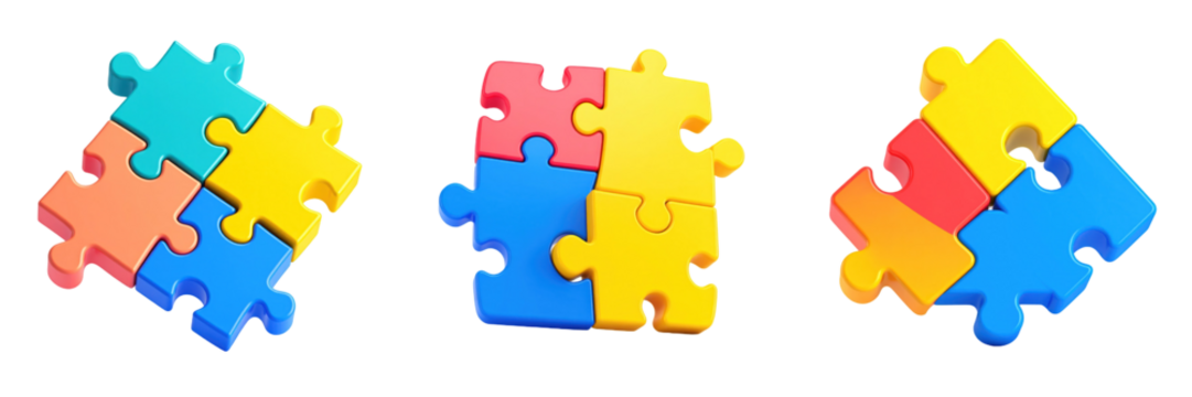 3D Plastic Style Puzzle Pieces In Various Arrangements Illustrating Teamwork Problem Solving Concepts On Transparent Background