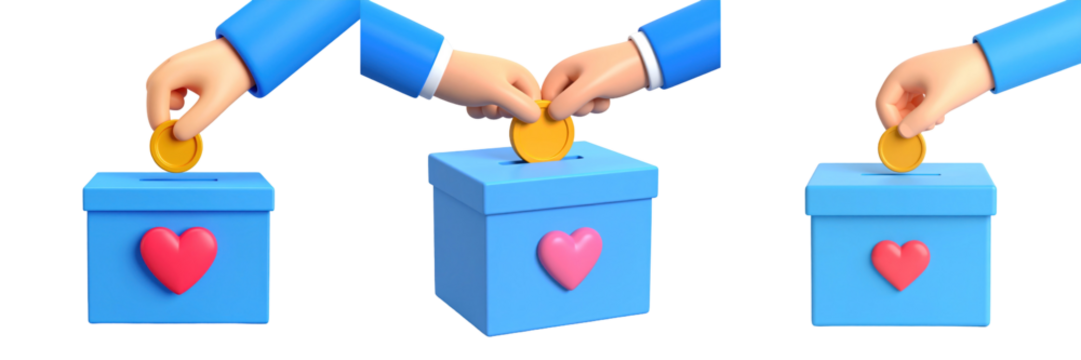 Hands In Blue Sleeves Placing Gold Coins Into Charity Boxes With Pink Hearts On Black Background Illustrating Generosity And Giving