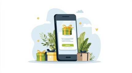 Smartphone screen with gift box and festive presents illustration for online shopping and rewards